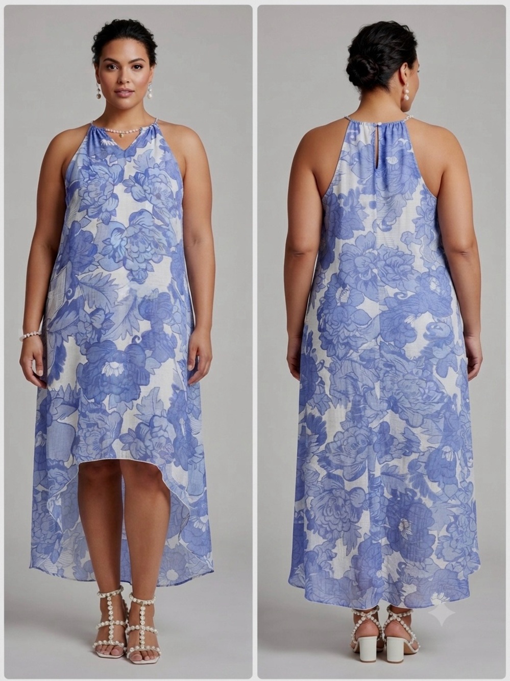 Mlle Gabrielle Blue & White Floral High-Low Dress w/Pearl Beaded Neckline-Size L